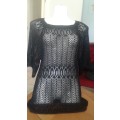 WOMEN CLOTHING: KNITTED BLACK SQUARE NECK LACE SUMMER  TOP - SIZE M - VERY GOOD