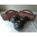 Three Vintage Collectors bowls with two leather satchel bags