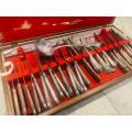Valuable Collectors large solid cutlery set with various pieces in solid wooden box