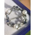 Sterling Silver Sapphire Pearl Pendant Brooch