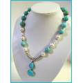 Turquoise Howlite and Shell Pearl Necklace with Pendant