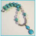 Turquoise Howlite and Shell Pearl Necklace with Pendant