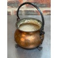 Vintage hammered copper cauldron pot with a wrought iron handle from Germany, collectors item