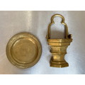 Brass Lot : Flush Wall Vase + brass plate , vintage , antique, collectors item
