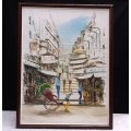 A CHARMING VINTAGE ORIGINAL ORIENTAL OIL PAINTING OF A TOWN & RICKSHAW SIGNED BY THE ARTIST