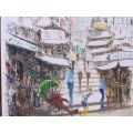 A CHARMING VINTAGE ORIGINAL ORIENTAL OIL PAINTING OF A TOWN & RICKSHAW SIGNED BY THE ARTIST
