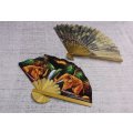 STUNNING !! TWO VINTAGE HAND HELD ORIENTAL FANS ...ONE HAND PAINTED FROM THAILAND...WOW !!!!
