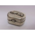 A MARVELOUS VINTAGE SOLID STERLING SILVER PILL BOX WITH MAKERS MARK RA AND FISH MOTIF ...COOL !!!