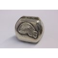 A MARVELOUS VINTAGE SOLID STERLING SILVER PILL BOX WITH MAKERS MARK RA AND FISH MOTIF ...COOL !!!