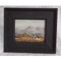 A LOVELY ORIGINAL OIL ON BOARD BY JUNE TUCKETT DEPICTING A HOMESTEAD SURROUNDED BY A MOUNTAIN RANGE