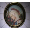 AN EXQUISITE OLD HAND PAINTED PICTURE OF A MAIDEN IN A PRE BAN IVORY OR BONE FRAME