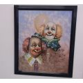 A TRULY EYE CATCHING SIGNED ORIGINAL OIL ON BOARD PAINTING OF TWO CLOWNS...THEY ALL FLOAT !!