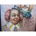 A TRULY EYE CATCHING SIGNED ORIGINAL OIL ON BOARD PAINTING OF TWO CLOWNS...THEY ALL FLOAT !!
