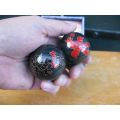 A GREAT LOOKING PAIR OF VINTAGE CHINESE "STRESS BALLS" IN A WELL WORN BOX ...DRAGON & ROOSTER THEME