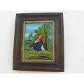 A VERY CHARMING VINTAGE GERMAN MINIATURE PAINTING ON GLASS SIGNED ...MARY AS THE SHEPHERD...WOW !!!