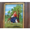 A VERY CHARMING VINTAGE GERMAN MINIATURE PAINTING ON GLASS SIGNED ...MARY AS THE SHEPHERD...WOW !!!