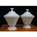 SO RARE !! A PAIR OF 1930`S MILK GLASS CANDY DISHES & LIDS WITH GRAPE DETAIL !! SUPERB CONDITION !!