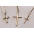 WOW !! THREE STERLING SILVER NECKLACES WITH THREE STERLING SILVER CROSS PENDANTS !! BID FOR THE LOT