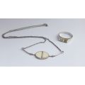 A FANTASTIC STERLING SILVER NECKLACE AND STERLING SILVER RING WITH INTERESTING INSETS ...TAKE A LOOK