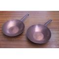 EXCEPTIONAL OLD WORLD QUALITY ... A PAIR OF SOLID COPPER PANS ...AGE UNKNOWN ...MUST SEE !!