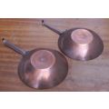 EXCEPTIONAL OLD WORLD QUALITY ... A PAIR OF SOLID COPPER PANS ...AGE UNKNOWN ...MUST SEE !!