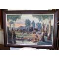 A huge original oil on board painting depicting an African village scene by Britt Anderson