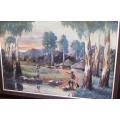 A huge original oil on board painting depicting an African village scene by Britt Anderson