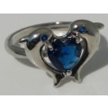 ***AKM - DOLPHINS RING SIZE 17.48MM / O / BLUE GLASS HEART 100% COSTUME FASHION JEWELLERY***