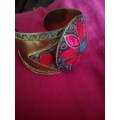 Tibetan Brass Cuff Bangle Set With Coral And Turquoise