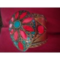 Tibetan Brass Cuff Bangle Set With Coral And Turquoise