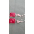 A Pair Of Checkerboard Cut Ruby Quartz And Moonstone Gemstone Earrings