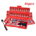 46 pieces car repair tools 1/4 inch socket set ratchet set torque wrench combination drill bit
