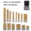 99 pieces high speed steel titanium plated accessories electric drill bit set with box