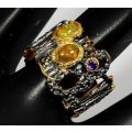 AFRIQUE COLLECTION: HANDMADE 14K GOLD & BLACK RHODIUM PLATED 925 SILVER OPAL RING