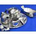 Stainless Steel Tea Set on Tray, with Gravy Boat on Stand and Two Egg Cups - Eight Pieces