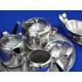 Stainless Steel Tea Set on Tray, with Gravy Boat on Stand and Two Egg Cups - Eight Pieces