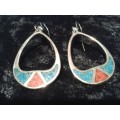 STERLING SILVER TURQUOISE AND CORAL DANGLE EARRINGS