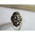 Sterling Silver Marcasite ,Seed Peals and  Amethyst  Ring