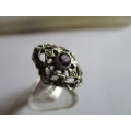 Sterling Silver Marcasite ,Seed Peals and  Amethyst  Ring