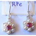 925 Sterling Silver + Genuine Rubies and Cultured pearls Earrings