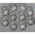 TEN PROOF REPUBLIC of SOUTH AFRICA 80% SILVER R1s. VARIOUS YEARS. ENCAPSULATED. As per Scans.
