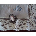Vintage stamped 1957 old Lace handkerchief with a faux cameo, white hankie