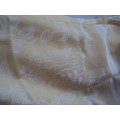 Softest vintage damask tablecloth, large in pale lemon and white contrast