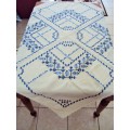 Blue cross stitch hand embroidered Tablecloth, lace edging - strong, thicker fabric Good vintage