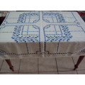 Blue cross stitch hand embroidered Tablecloth, lace edging - strong, thicker fabric Good vintage