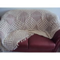 Long beige crochet tablecloth or couch throw over, fringed tassle edge 2.2mtr x 1.37 mtr - VGC