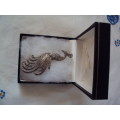 Marcazite peacock silver tone brooch in a box - vintage good cond