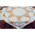 Hand embroidered Tablecloth 102cm square linen fabric - Vintage VGC Cheerful summer orange daisies