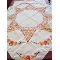 Hand embroidered Tablecloth 102cm square linen fabric - Vintage VGC Cheerful summer orange daisies