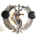 OLD S.A. NAVY LATER ISSUE INDEPENDANT SHIPS BREAST BADGE TWO PIECE GILDED SEAHORSE ON CHROME WREATH